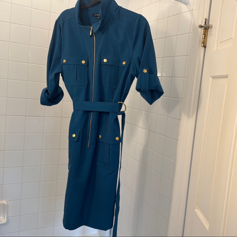 Teal Belted Dress with Gold Buttons